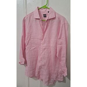Spada Roma Men ITALIAN LINEN  size 16 Twill Grid Pink Longsleeve LAGENLOOK shirt